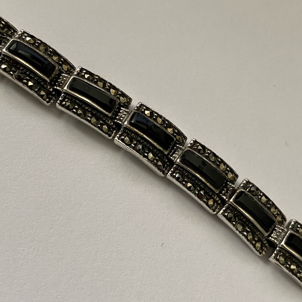 Vintage 925 Sterling Silver Marcasite and Onyx Link Bracelet Marsala - Picture 5 of 5